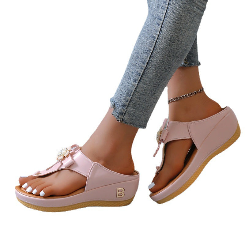 Women's Flower Wedge Heel Platform Flip Flops Plus Size Beach Slippers Sandals