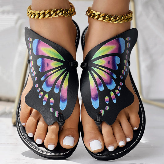 Black Butterfly Print Round Toe Flip Flops, Comfortable Summer Beach Flat Shoes, Casual Women's Sandals, Perfect For Poolside And Daily Wear