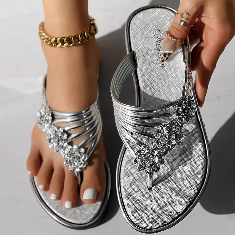 Silver Floral Pattern Flip Flops Comfortable Casual Summer Beach Flat Slide On Shoes