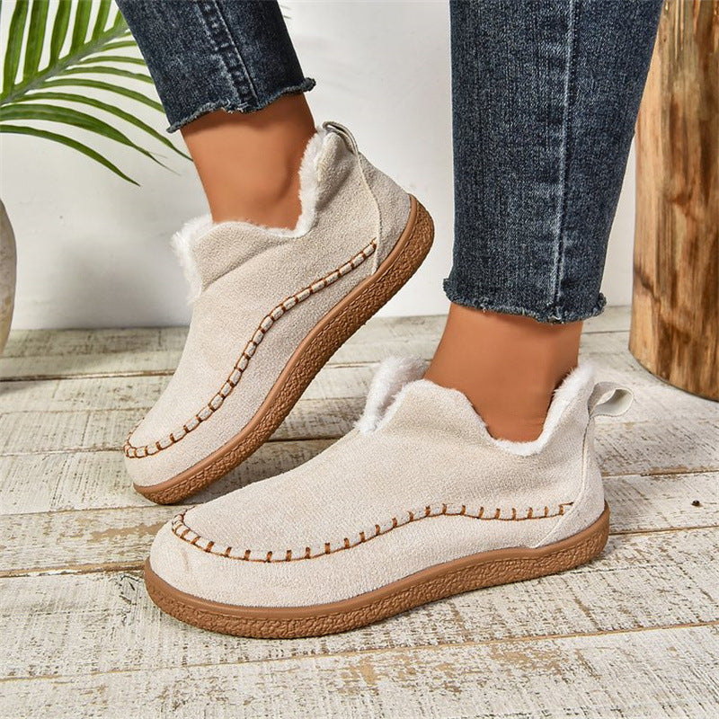 Fashion V-cut Plush Ankle Boots Winter Plus Velvet Flat Snow Boot Casual Warm Solid Faux Suede Cotton Shoes For Women