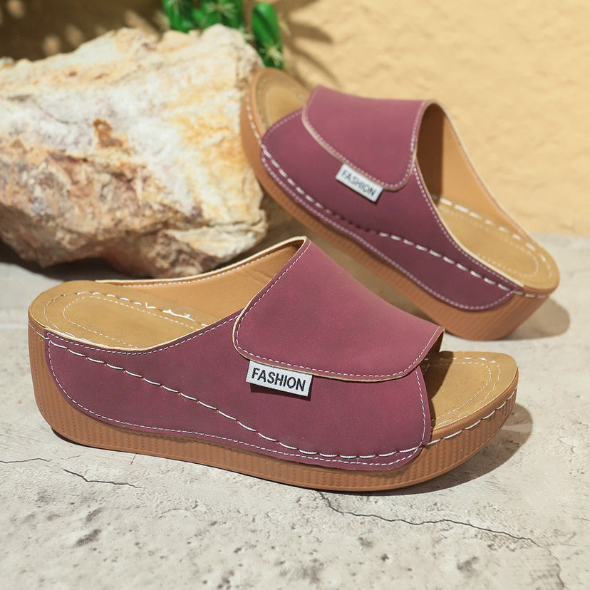 Summer Wedge Slides Slippers Fish Mouth Thick Sole Roman Shoes Solid Color Beach Sandals For Women