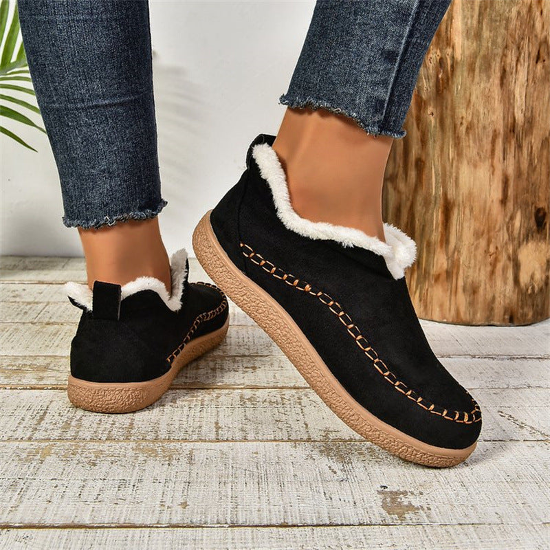 Fashion V-cut Plush Ankle Boots Winter Plus Velvet Flat Snow Boot Casual Warm Solid Faux Suede Cotton Shoes For Women