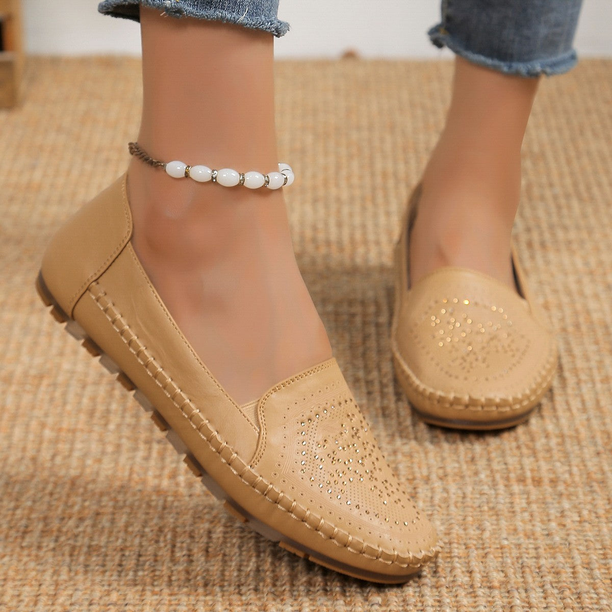 Handmade Stitching Gommino Moccasin Loafer Solid Color Casual Women's Flat Shoes