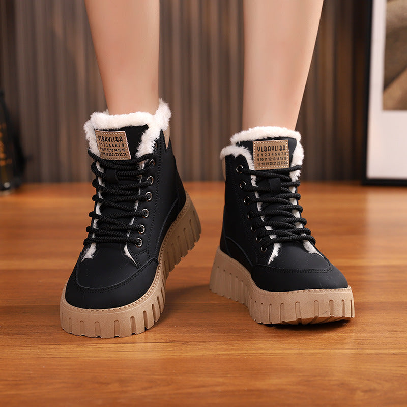 Lace-up Snow Boots Winter Warm Fleece Flat Shoes For Women Fashion Casual Plush Ankle Boot