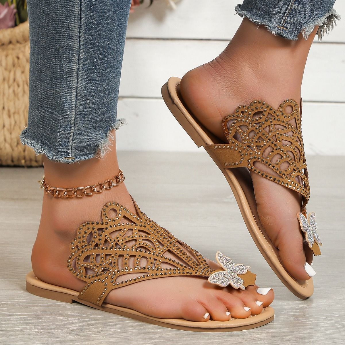 Butterfly Slip-on Flip-toe Sandals Women's Faux Rhinestone Hollow Flat sandal Slide On