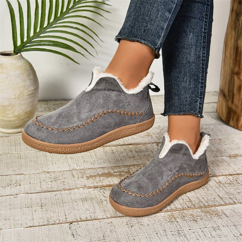 Fashion V-cut Plush Ankle Boots Winter Plus Velvet Flat Snow Boot Casual Warm Solid Faux Suede Cotton Shoes For Women