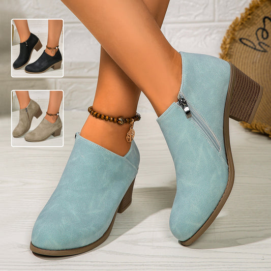 Chunky Heel Ankle Boots With Side Zipper Design Fashion Fall Winter Booties For Women Shoes