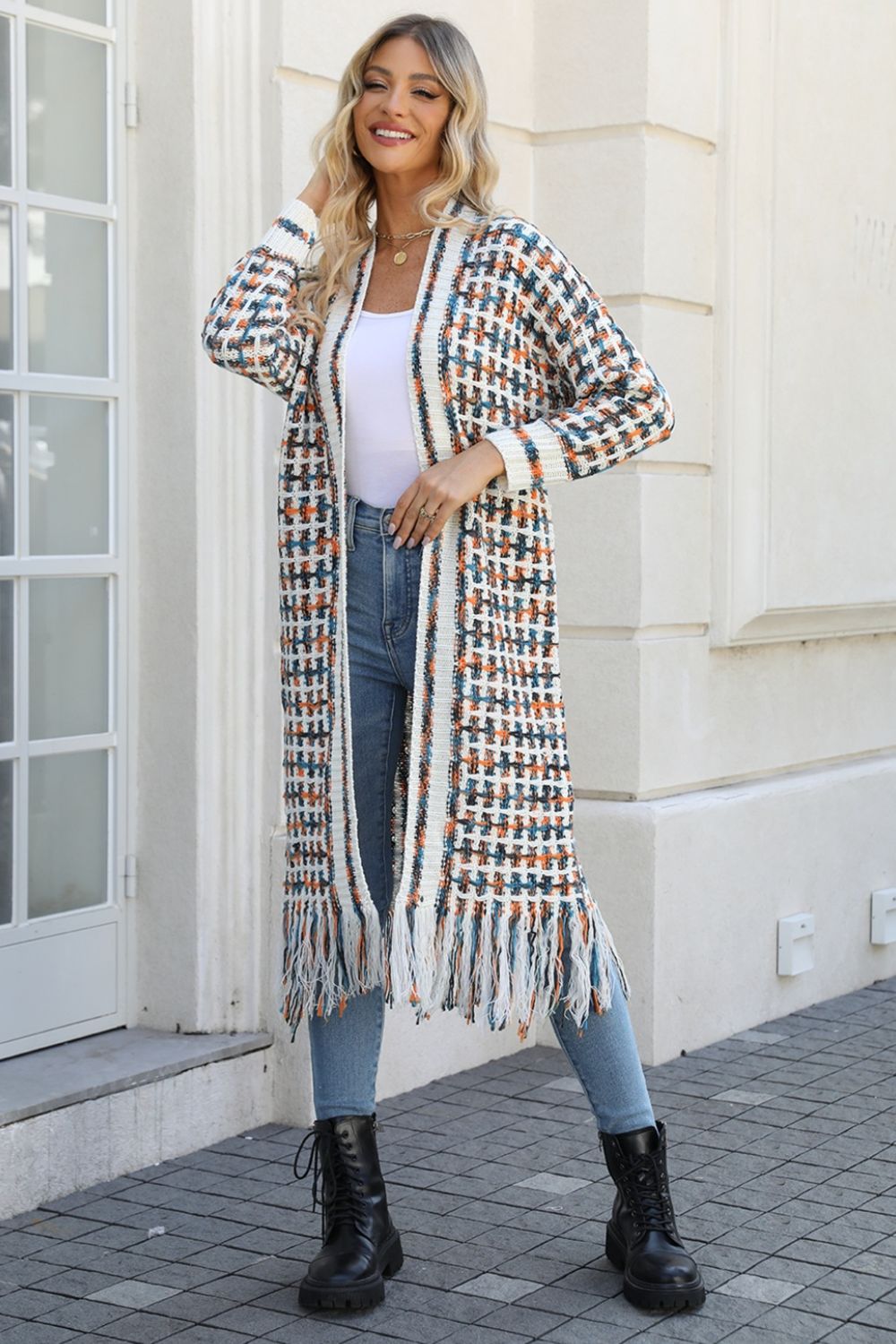 White Label Multicolored Rainbow & Black Open Front Fringe Raw Hem Long Knit Cardigan Jacket