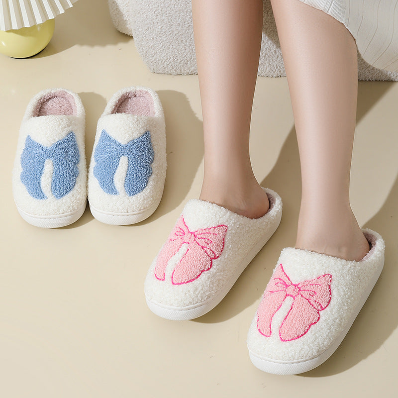 Cute Cartoon Bow Tied Ribbon Cotton Closed Toe Soft Slide On Slippers