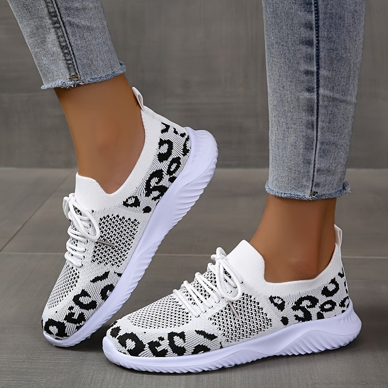 White Shoes Women Leopard Print Lace-up Light-Weight Mesh Sneakers Sports