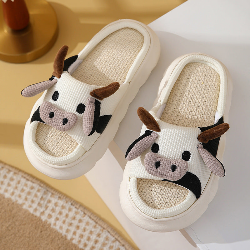 Cute Cartoon Cow or Frog Slippers Linen Non-slip Shoes Indoor Garden Home Slippers