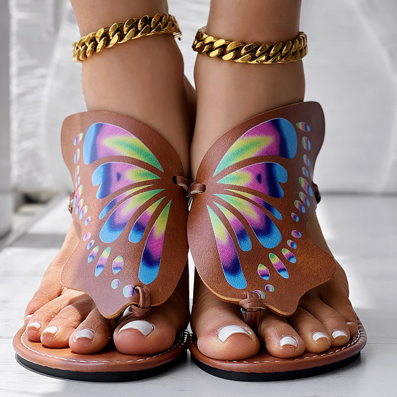 Brown Butterfly Print Round Toe Flip Flops, Comfortable Summer Beach Flat Shoes, Casual Women's Sandals, Perfect For Poolside And Daily Wear