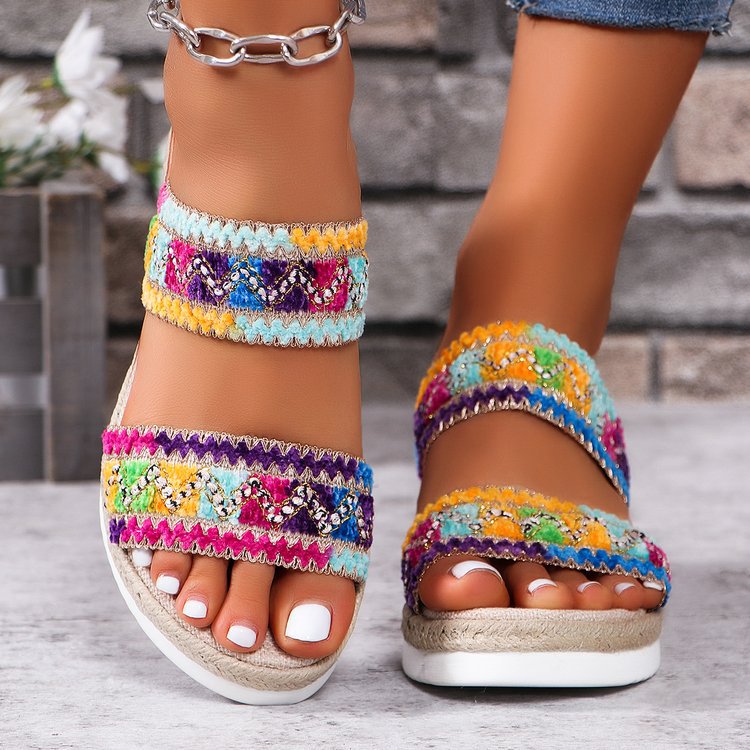 Wedge Heel Woven Sandals Summer Casual Ethnic Style Slippers Linen Bottom Wide Strap Shoes For Women