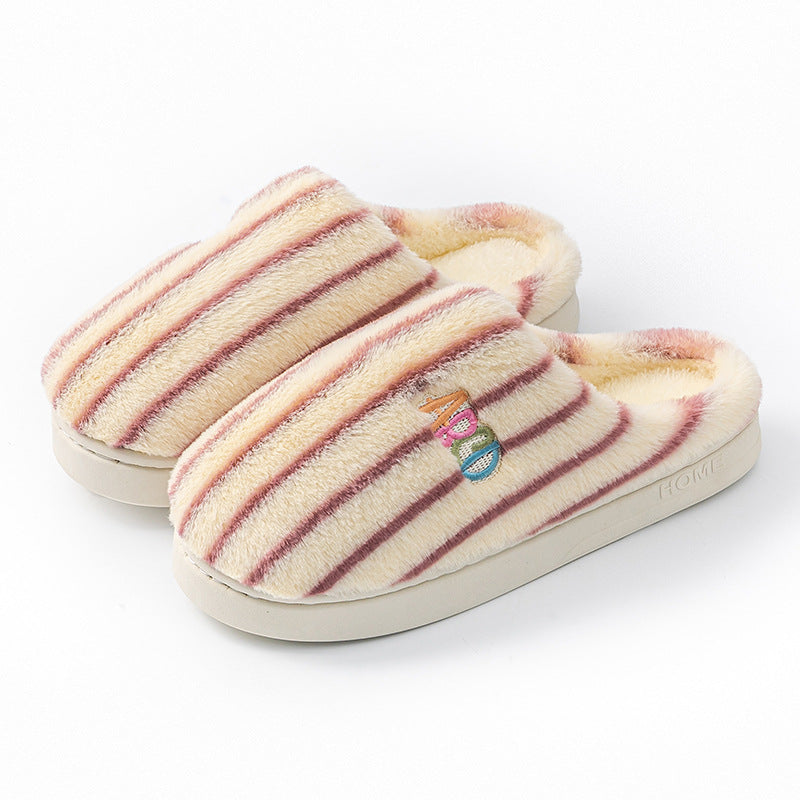 Plush Striped Slippers Winter Warm Letter Embroidered Shoes Slipper For Women Men Closed Toe Flats