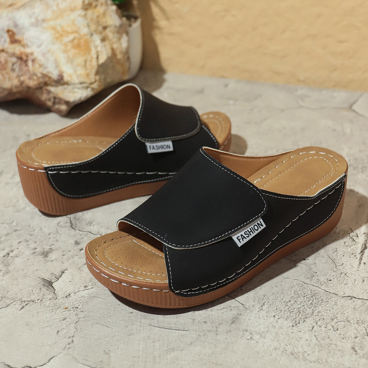 Summer Wedge Slides Slippers Fish Mouth Thick Sole Roman Shoes Solid Color Beach Sandals For Women