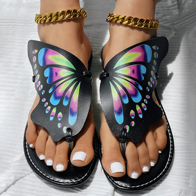 Black Butterfly Print Round Toe Flip Flops, Comfortable Summer Beach Flat Shoes, Casual Women's Sandals, Perfect For Poolside And Daily Wear
