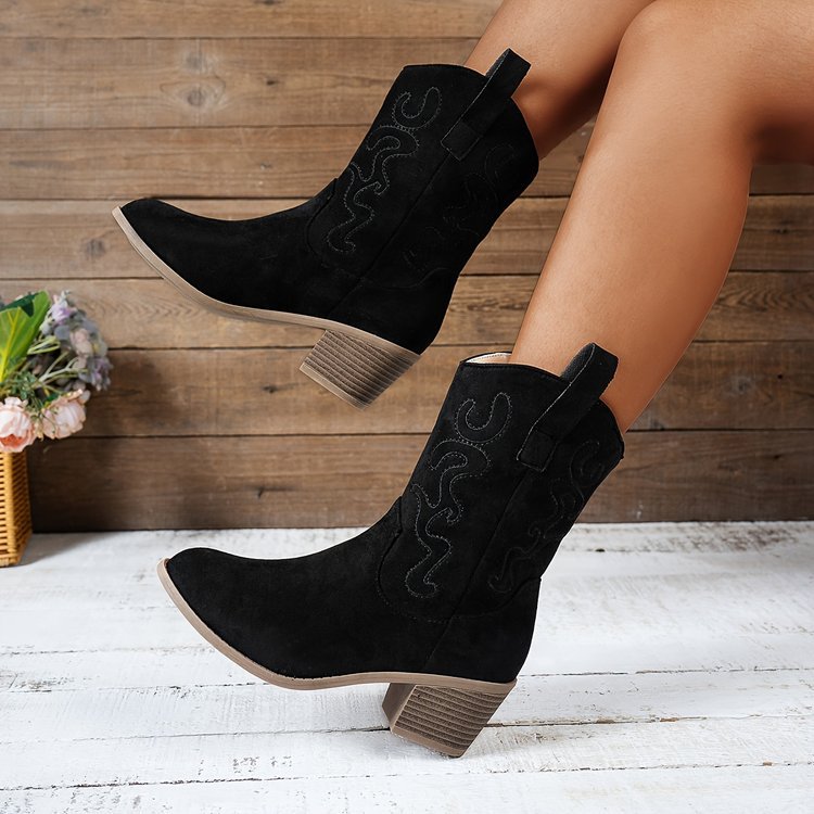 Pointed Toe Western Boots Fashion Retro Embroidered Chunky Square-heeled Mid-Calf Boot For Women