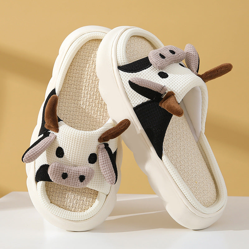 Cute Cartoon Cow or Frog Slippers Linen Non-slip Shoes Indoor Garden Home Slippers