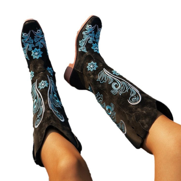 Plus Size High Cylinder Embroidery Mid Calf Cowboy Cowgirl Boots