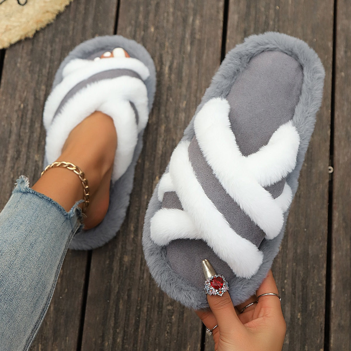 Fluffy Faux Fur Slippers Cross Strap Stitching Warm Casual Platform Slippers