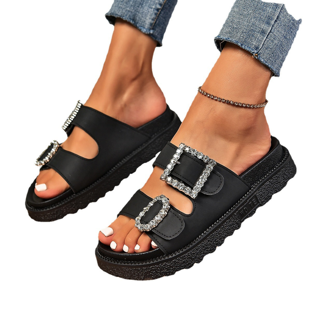 Fashion Faux Rhinestone Double Belt Buckle Platform Slip On Sandals
