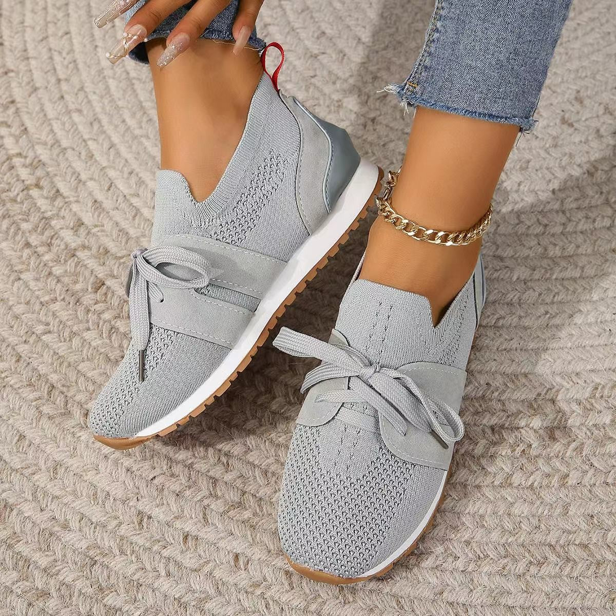 New Lace Up Mesh Flats Sneakers For Women Breathable Casual Walking Wedges Shoes
