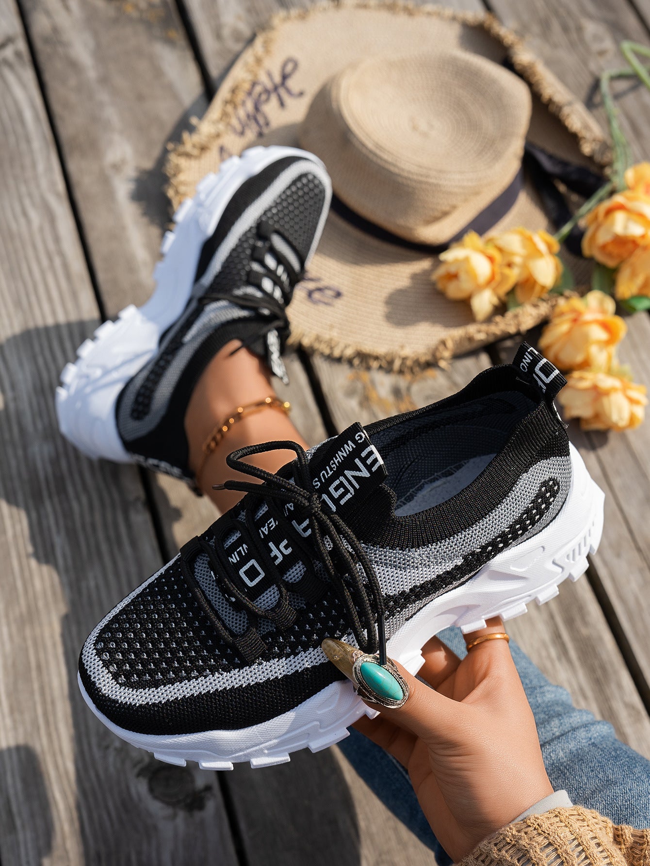 Flyknit Mesh Shoes Women's Breathable Lace-up Thick Chunky Sole Sneakers Walking Running Casual Shoes