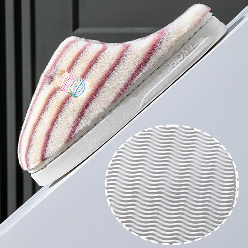 Plush Striped Slippers Winter Warm Letter Embroidered Shoes Slipper For Women Men Closed Toe Flats