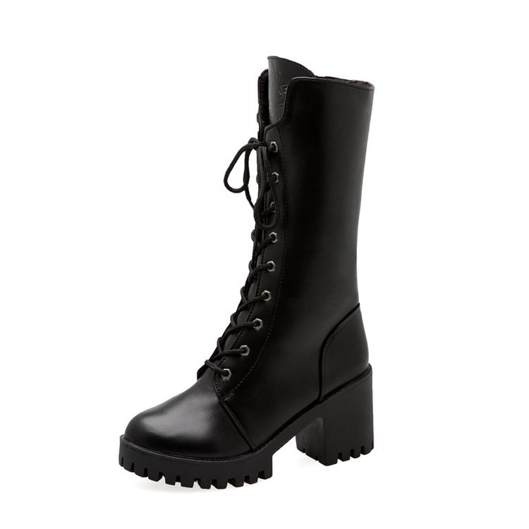 Thick Chunky Sole Lace-up Mid Calf Black Biker Motorcycle Boots