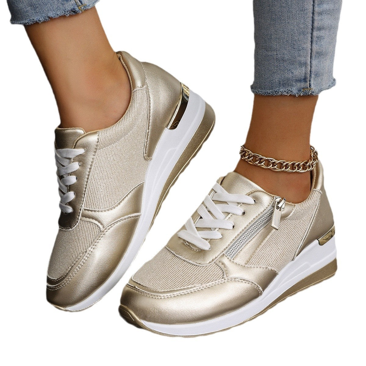 Women's Lace-up Casual Sneakers Side Zipper Design Thick-soled Shoes Walking Running Sports Sneakers