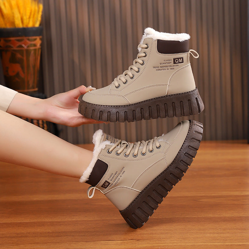 Lace-up Snow Boots Winter Warm Fleece Flat Shoes For Women Fashion Casual Plush Ankle Boot