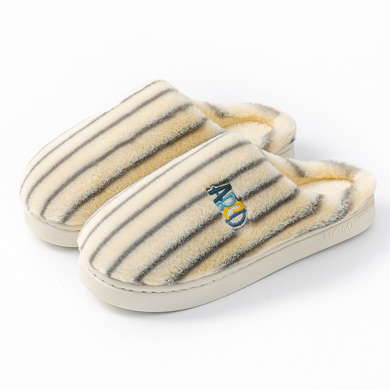 Plush Striped Slippers Winter Warm Letter Embroidered Shoes Slipper For Women Men Closed Toe Flats