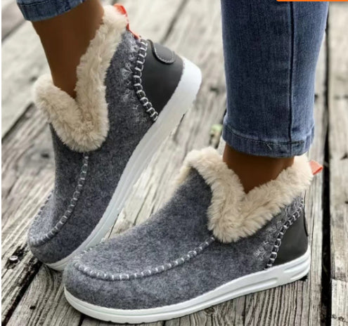 Fleece-lined Thick Plush Boots Warm Sewing Flat Cotton Shoes Winter Ankle Boot Booties