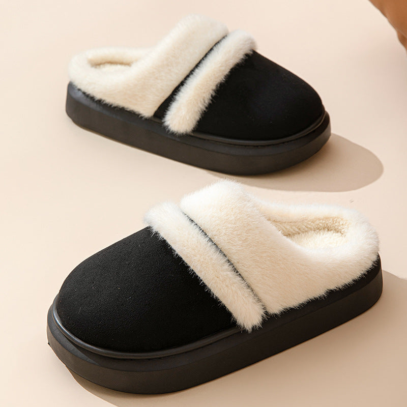 Warm Cotton Slippers For Women Leisure Thick Sole Non-slip Plush House Shoes Winter Bedroom Floor Faux Suede Slipper