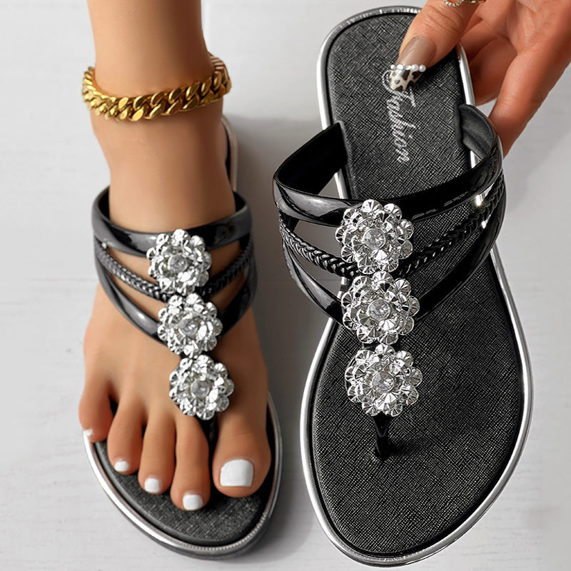 Back & Silver Floral Pattern Flip Flops, Comfortable Casual Summer Beach Flat Slide On Sandals