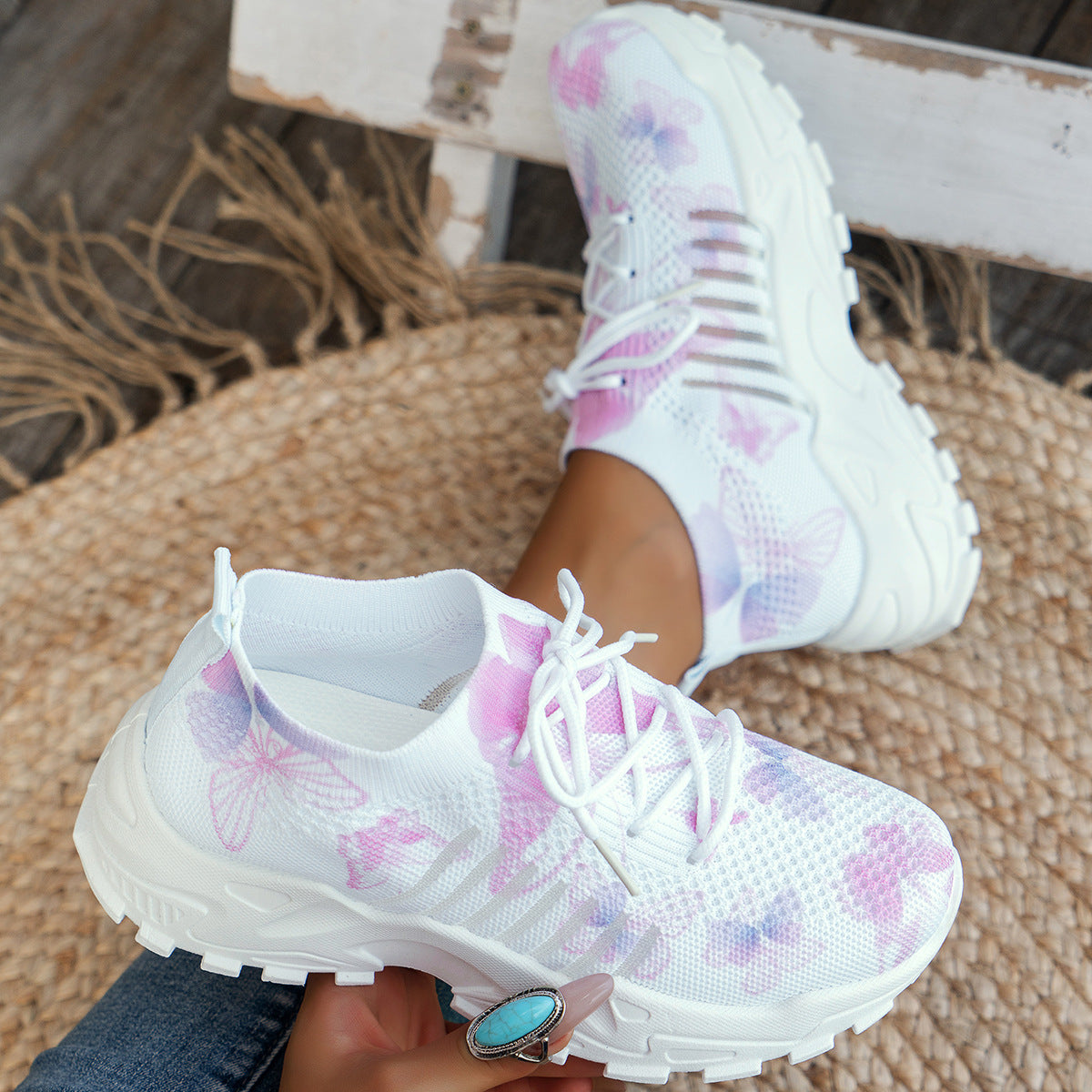 Butterfly Print Mesh Sneakers Women's Flat Heel Casual Shoes Fashion Running Jogging Walking Sports Thick Chunky Sole Shoes