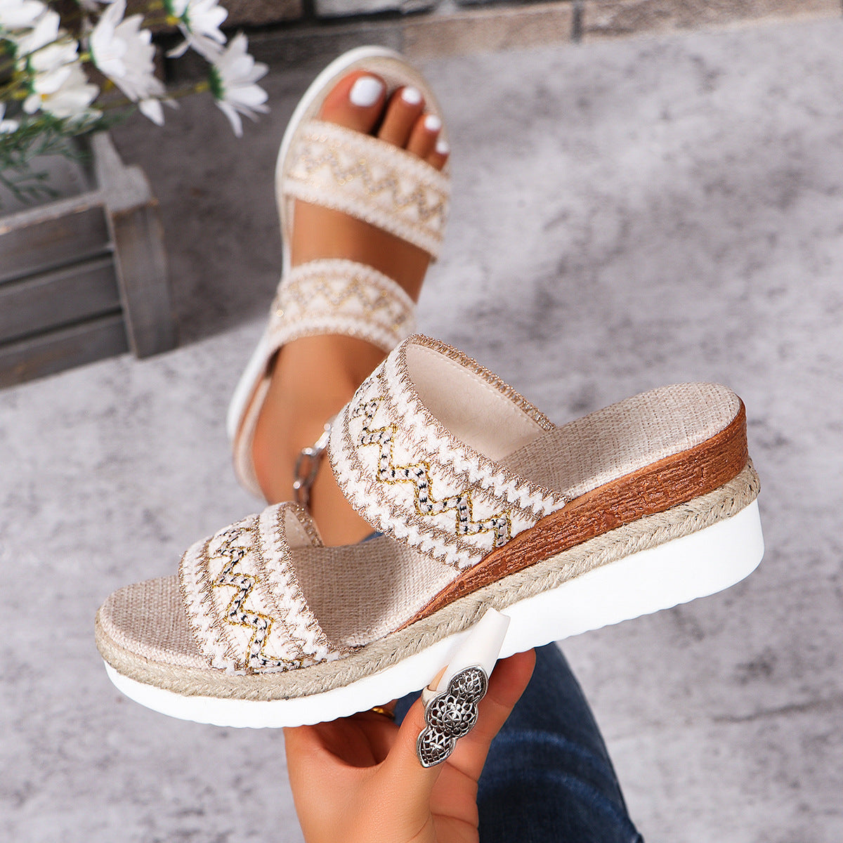 Wedge Heel Woven Sandals Summer Casual Ethnic Style Slippers Linen Bottom Wide Strap Shoes For Women