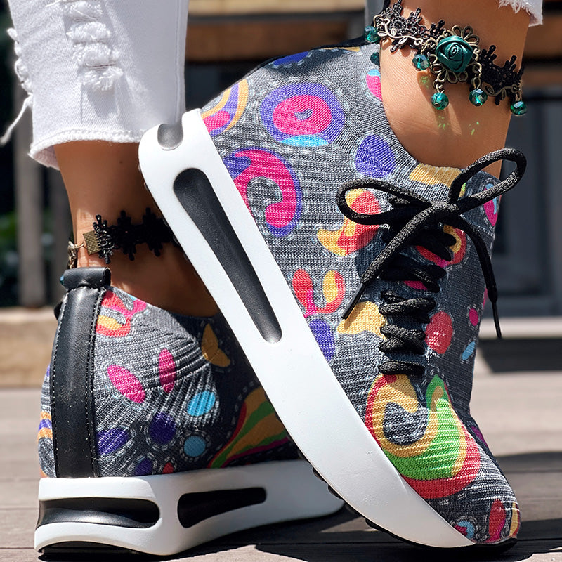 Women's Random Print Side Lace-Up Elastic Sport Thick Chunky Sole Sneakers, Comfortable Slip-On Shoes