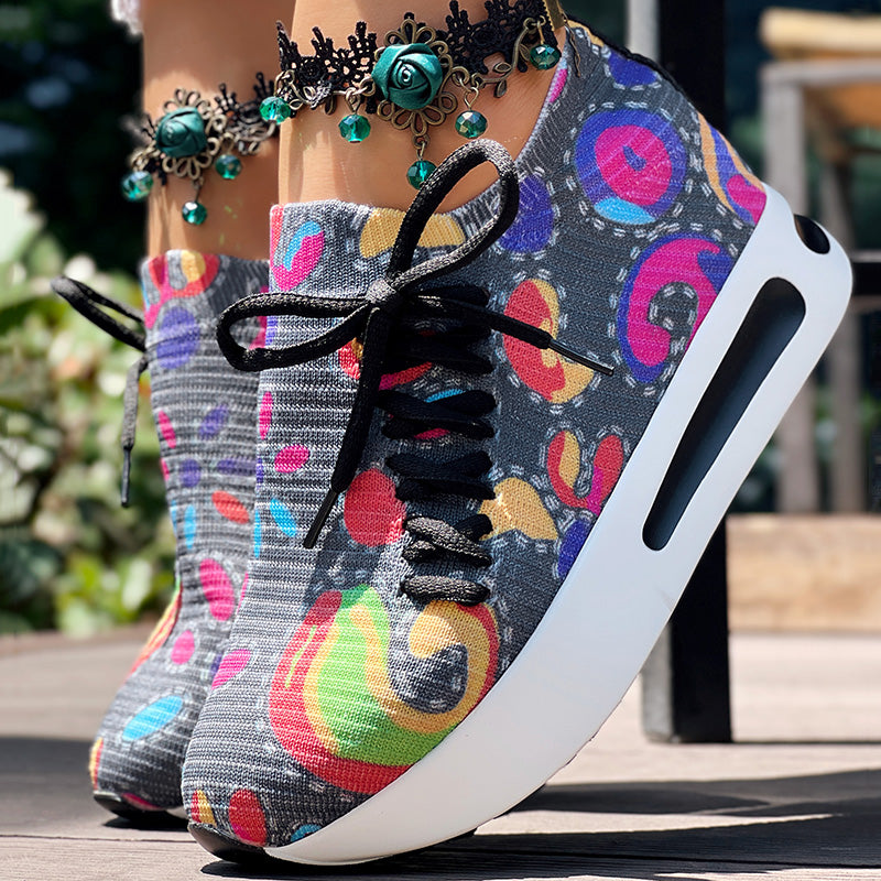 Women's Random Print Side Lace-Up Elastic Sport Thick Chunky Sole Sneakers, Comfortable Slip-On Shoes