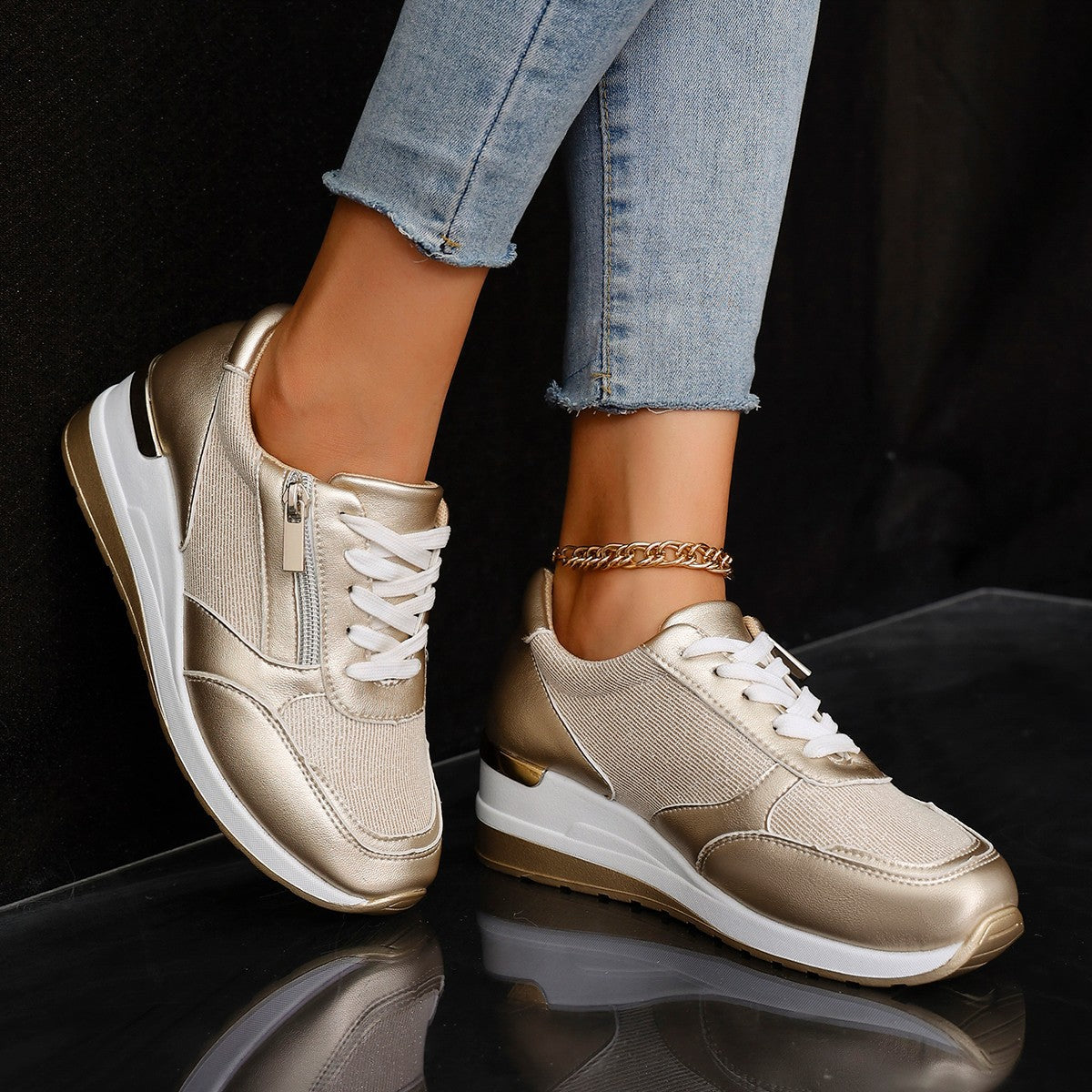 Women's Lace-up Casual Sneakers Side Zipper Design Thick-soled Shoes Walking Running Sports Sneakers