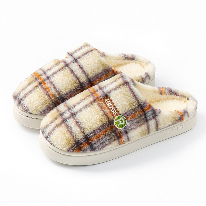 Women's Plush Warm Plaid Flannel Non-slip Cotton House Slide On Slipper Shoes
