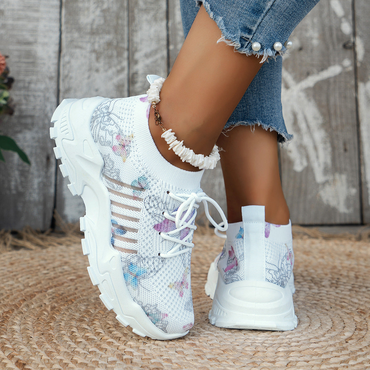 Butterfly Print Mesh Sneakers Women's Flat Heel Casual Shoes Fashion Running Jogging Walking Sports Thick Chunky Sole Shoes