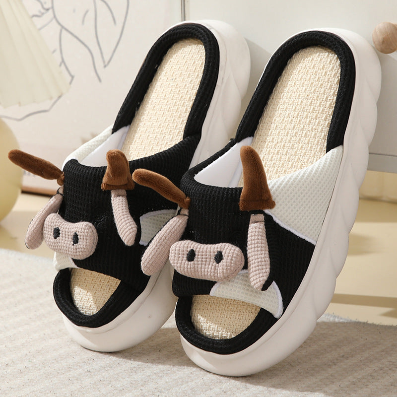 Cute Cartoon Cow or Frog Slippers Linen Non-slip Shoes Indoor Garden Home Slippers