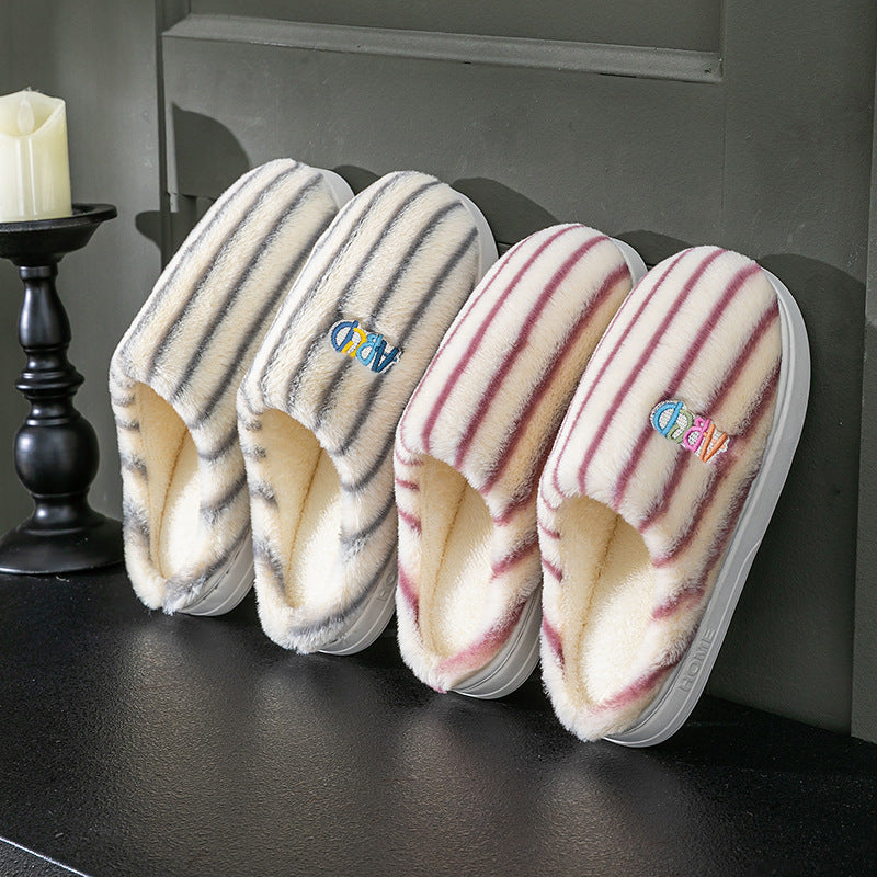 Plush Striped Slippers Winter Warm Letter Embroidered Shoes Slipper For Women Men Closed Toe Flats