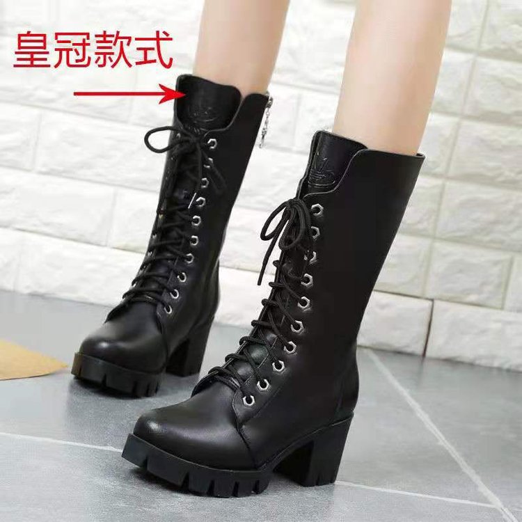 Thick Chunky Sole Lace-up Mid Calf Black Biker Motorcycle Boots