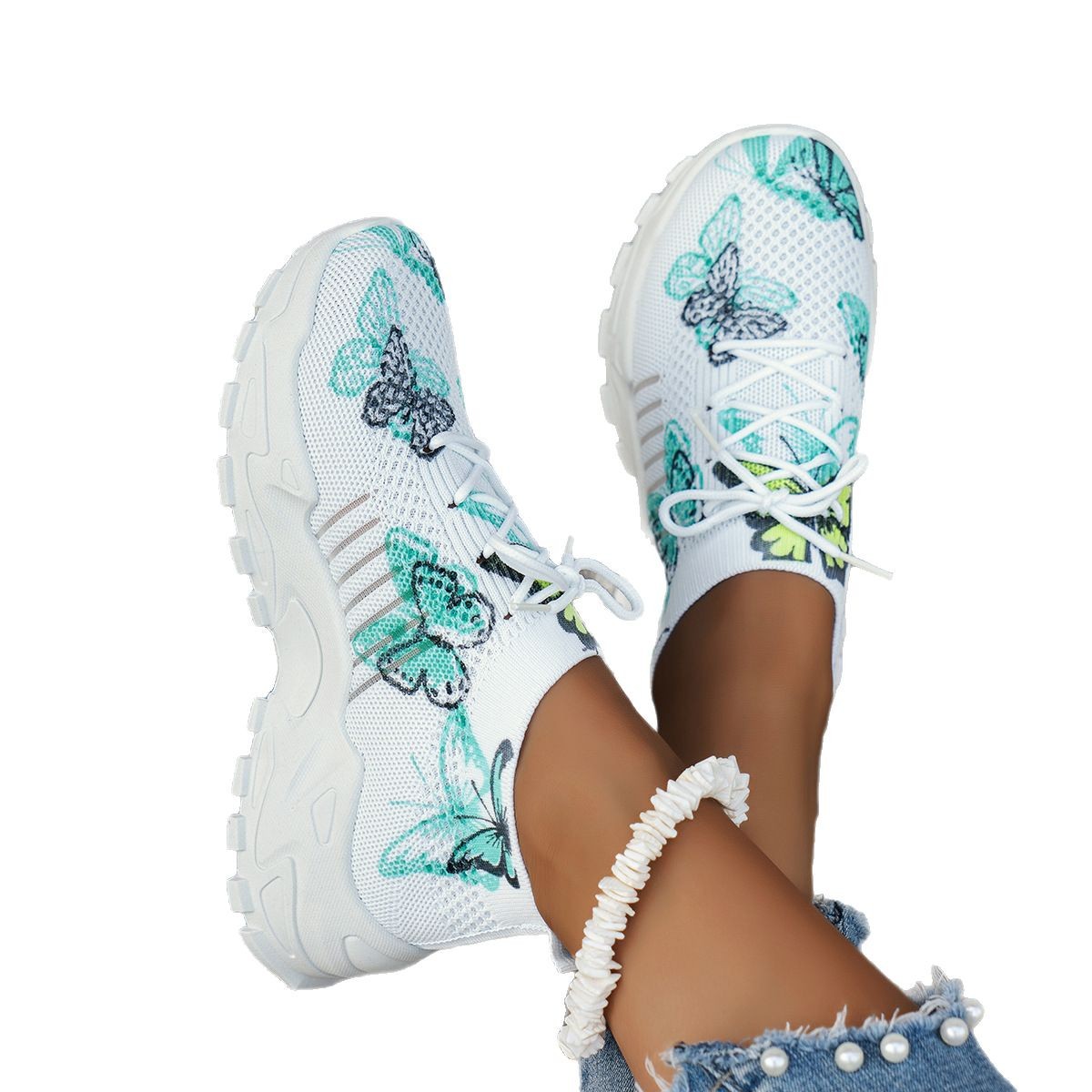 Butterfly Print Mesh Sneakers Women's Flat Heel Casual Shoes Fashion Running Jogging Walking Sports Thick Chunky Sole Shoes