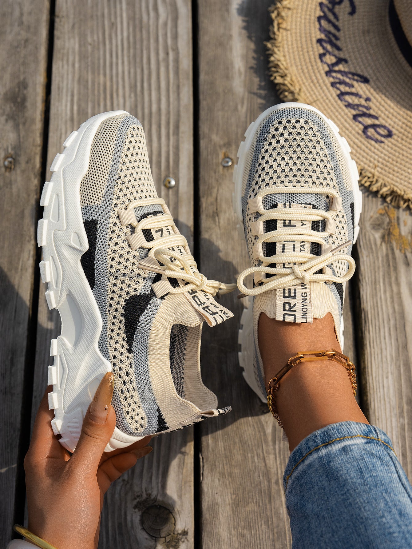 Flyknit Mesh Shoes Women's Breathable Lace-up Thick Chunky Sole Sneakers Walking Running Casual Shoes
