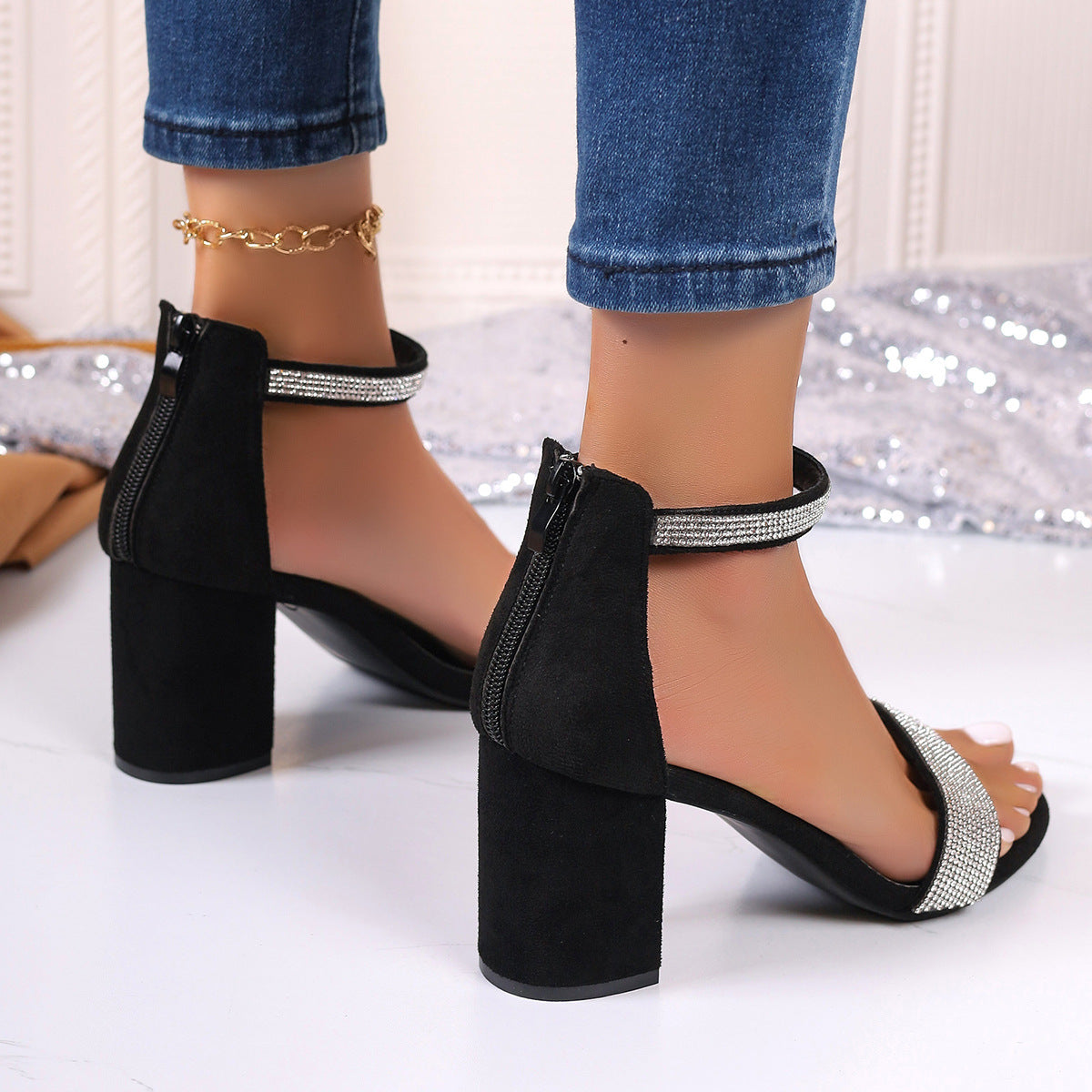 Rhinestone High Heel Sandals Summer Chunky Square Heel Sandals Open Toe Strappy Shoes Great for Prom!