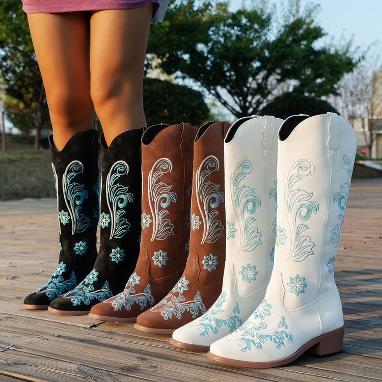 Plus Size High Cylinder Embroidery Mid Calf Cowboy Cowgirl Boots