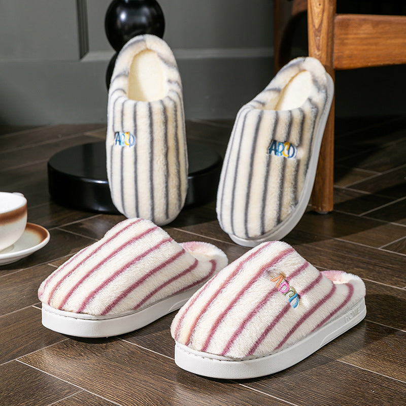 Plush Striped Slippers Winter Warm Letter Embroidered Shoes Slipper For Women Men Closed Toe Flats